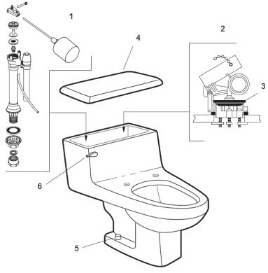 American Standard 2007.012, 2006.014; Lexington; round / elongated one piece 1.6 gpf toilet repair technical part breakdown
