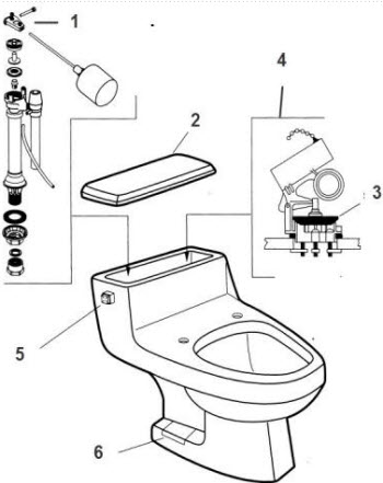 American Standard 2012.014; Roma II; one piece toilet repair technical part breakdown
