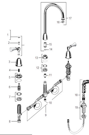 American Standard 4251; Standard Collection; two handle bottom mount kitchen faucet with side spray repair technical part breakdown
