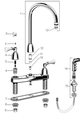 American Standard 4271; Standard Collection; two handle top mount kitchen faucet with side spray repair technical part breakdown