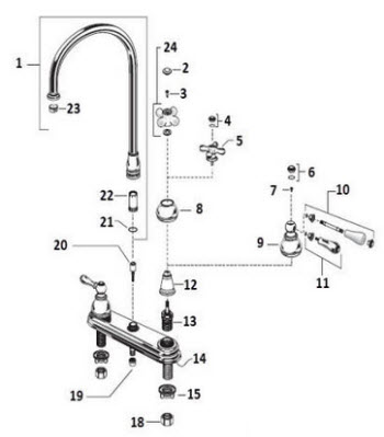 American Standard 4771.222, 4771.322; Hampton; two handle kitchen faucet with side spray repair technical part breakdown
