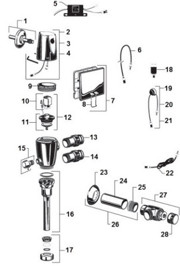 American Standard 6061 6062; Selectronic; hard-wired ac powered proximity urinal 0.125 0.5 & 1.0 gpf repair technical part breakdown