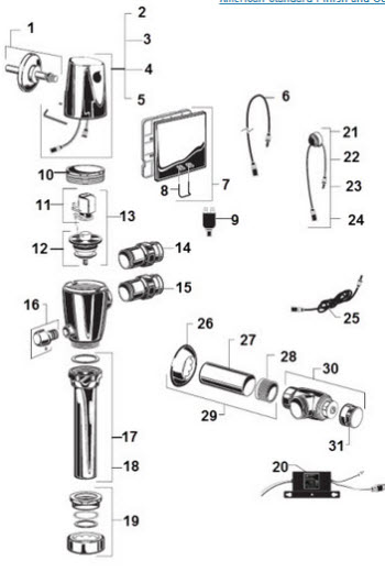 American Standard 6067; Selectronic; hard-wired ac powered proximity toilet flush valve 1.28 & 1.6 gpf repair technical part breakdown