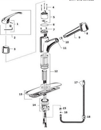 American Standard 6310; EasyTouch; single control kitchen pull-out faucet repair technical part breakdown