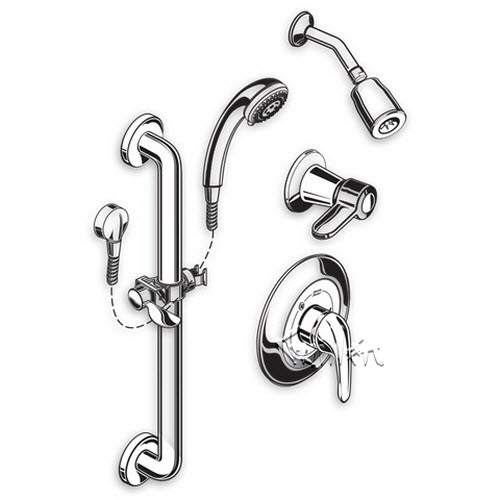 American Standard 1662SG213; ; commercial shower system 1.5 gpm slide-grab bar repair replacement technical part breakdown