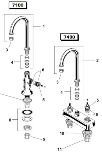 American Standard 7100; Heritage; two & one handle single-hole & centerset bar/pantry fittings with swing spout repair technical part breakdown