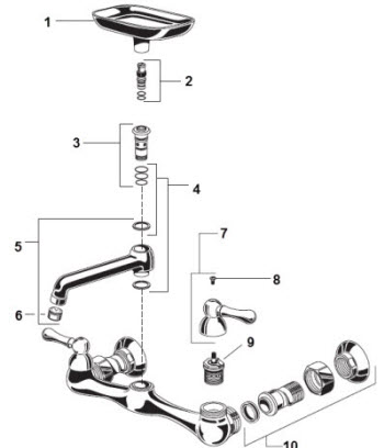 American Standard 7295; ; two handle exposed wall mount sink faucet with soap dish repair technical part breakdown