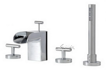 Aquabrass 32018-BN; Loveme; 4 piece deck-mount tub filler with handshower; in Brushed Nickel