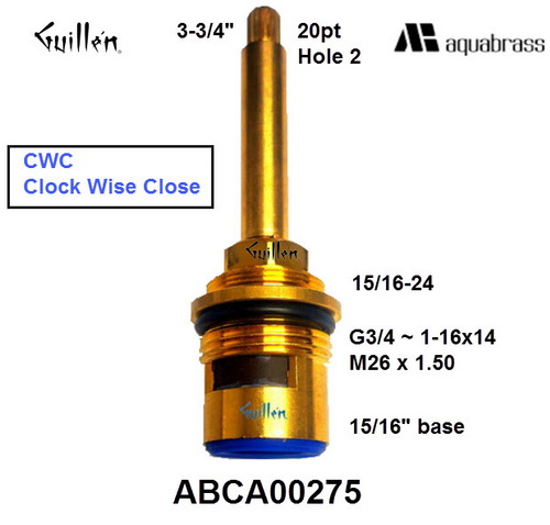 Aquabrass ABCA00275;; __ 3-3/4in 20pt; cwc; 1/4 turn brass ceramic cartridge for stut-off valve 3/4; in Unfinish
