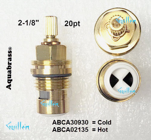 Aquabrass ABCA02135;;__ 2-1/8in 20pt; Hot 1/4 turn brass ceramic cartridge for 28016 / 1016 / 1017 / 1018; in Unfinish