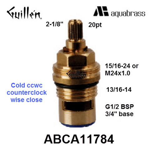 Aquabrass ABCA11784; ;__ 2-1/8in 20pt; Cold ccwc; 1/4 turn brass ceramic cartridge for 11716 / 11726; in Unfinish