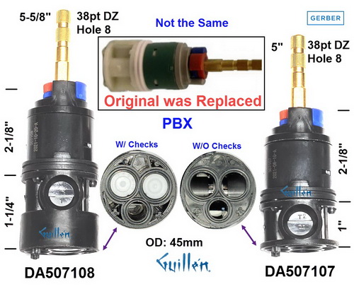 Danze DA507107;;__ 5in 38pt; Pressure balance cartridge without check valves; in Unfinish; DA500252; A507665; A507665; A500252; DA500275; A500275; A507712