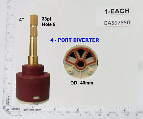 Danze DA507850;;__ 4in 38pt; diverter cartridge for 1/2" 4 port for roman tub and shower diverter; in Unfinish