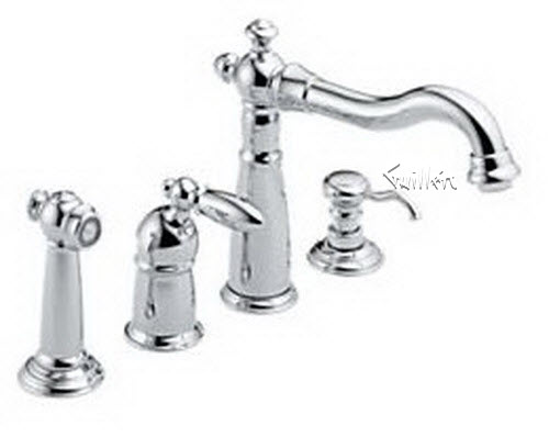 Delta 156-DST; Single handle lever kitchen faucet with sidespray & soap dispenser; technical part breakdown manuals specifications catalog