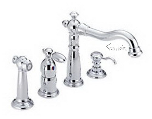Delta 156; Single handle lever kitchen faucet with sidespray & soap dispenser; technical part breakdown manuals specifications catalog