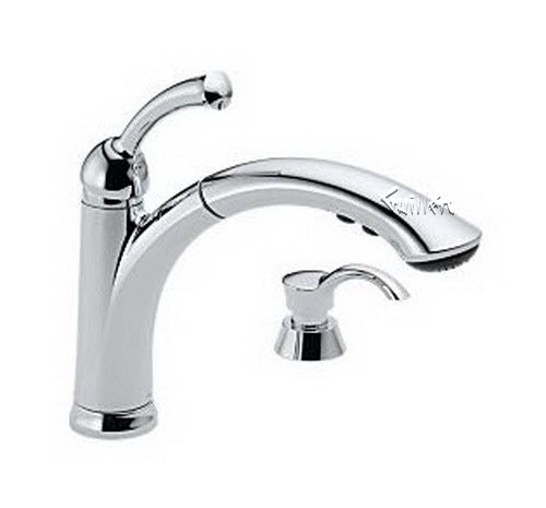 Delta 16926; Single handle lever pull out kitchen faucet with soap dispenser; technical part breakdown manuals specifications catalog