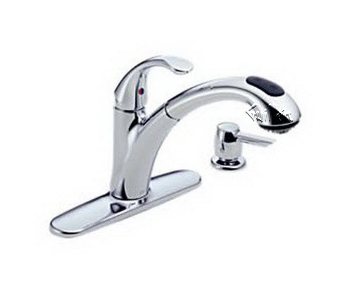 Delta 16929; Single handle lever pull out kitchen faucet with soap dispenser; technical part breakdown manuals specifications catalog
