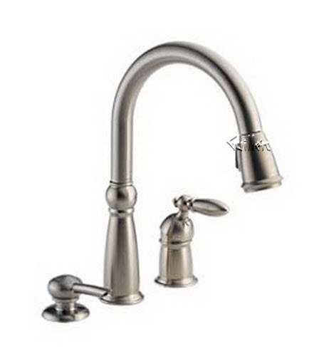 Delta 16955; Single handle lever pull down kitchen faucet with soap dispenser; technical part breakdown manuals specifications catalog