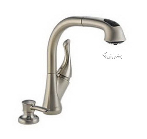 Delta 16961; Single handle lever pull out kitchen faucet with soap dispenser; technical part breakdown manuals specifications catalog