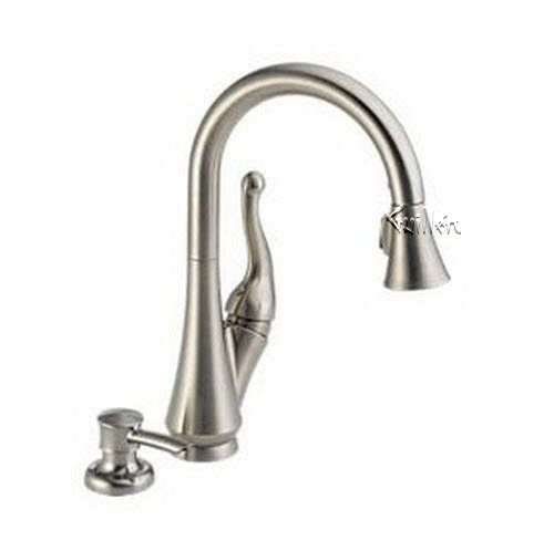 Delta 16968; Single handle lever pull down kitchen faucet with soap dispenser; technical part breakdown manuals specifications catalog