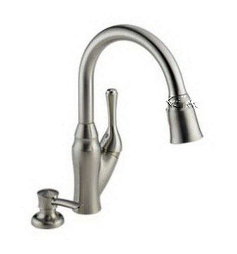 Delta 16971; Single handle lever pull down kitchen faucet with integrated soap dispenser; technical part breakdown manuals specifications catalog