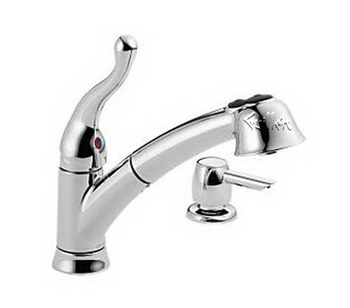 Delta 16997; Single handle lever pull out kitchen faucet with soap dispenser; technical part breakdown manuals specifications catalog