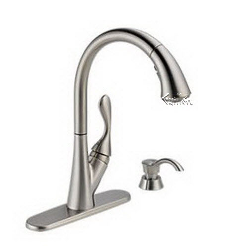Delta 19922; Single handle lever pull down kitchen faucet with soap dispenser; technical part breakdown manuals specifications catalog