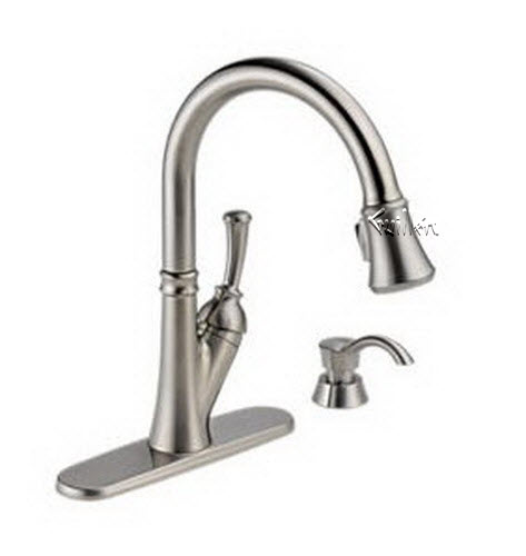 Delta 19949; Single handle lever pull down kitchen faucet with soap dispenser; technical part breakdown manuals specifications catalog