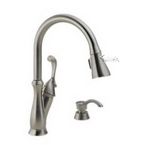 Delta 19950; Single handle lever pull down kitchen faucet with soap dispenser; technical part breakdown manuals specifications catalog