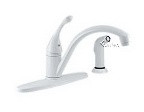 Delta 440-WH-DST; single handle kitchen faucet with spray lever with sidespray; in White