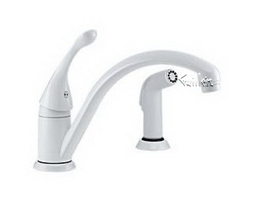 Delta 441-WH-DST; single handle kitchen faucet with spray lever with sidespray; in White