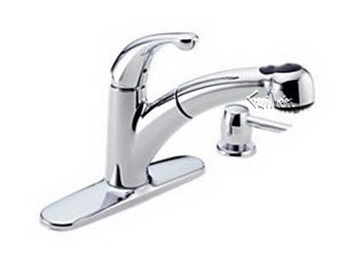 Delta 467-SD-DST; Palo; single handle pull out kitchen faucet with soap dispenser lever diamond valve; in Chrome