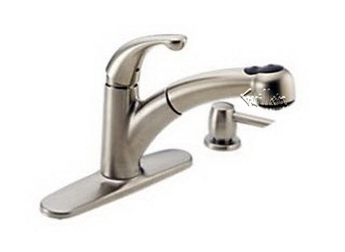 Delta 467-SSSD-DST Palo; Single Handle Pull-ut Kitchen Faucet With Soap Dispenser; in Stainless   467-SSSD