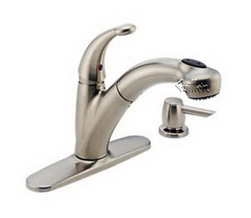 Delta 468-SSSD-DST; Cicero; single handle pull out kitchen faucet with soap dispenser lever diamond valve; in Stainless