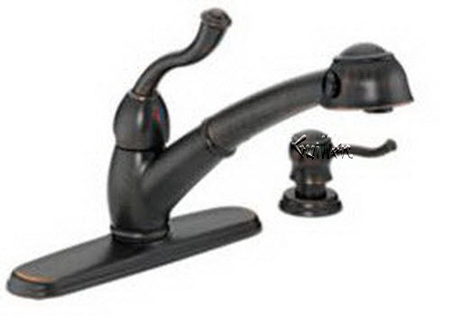 Delta 473-RBSD-DST; Saxony; single handle pull out kitchen faucet with soap dispenser single handle lever diamond valve; in Venetian Bronze; Discontinued Product