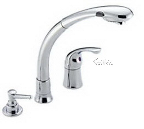 Delta 474; Single handle lever pull out kitchen faucet with soap dispenser; technical part breakdown manuals specifications catalog
