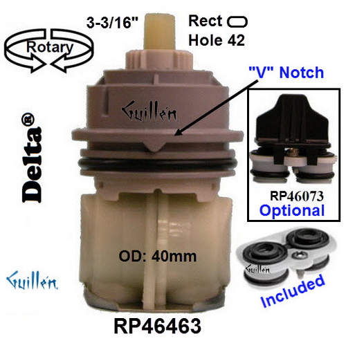 Delta RP46463;;__3-3/16in 2 Flats; pressure balance catridge; multichoice T17 series 2007 - present dark gray cap was a lighter shade of gray until 2016 dual handle; Use RP32104 for units before 2006 with white cap and square notches; in Unfinish