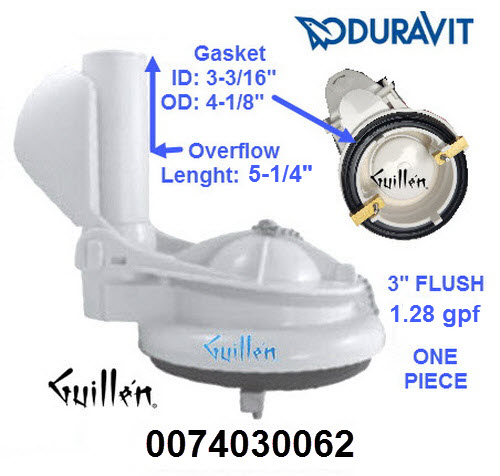 Duravit 0074030062; Metro; Flush Valve 3" one piece 1.28 gpf or 1.6 gpf single Flush; in Unfinish; Replaces 0074030000