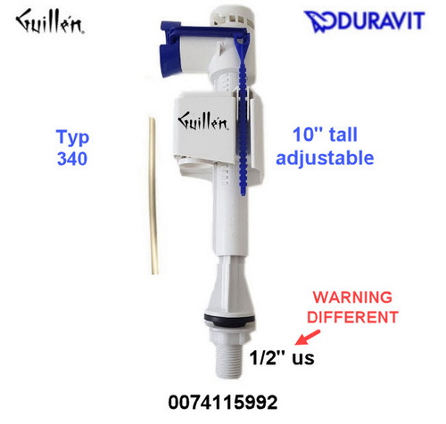 Duravit 0074115992; 340; Fill valve for bottom supply 1/2in plastic nipple x:7/h:304mm, us; in White and Blue; Replaces 0074115900; 0074116500; 0074116500; 0074115500; 0074116000; 0074115200;