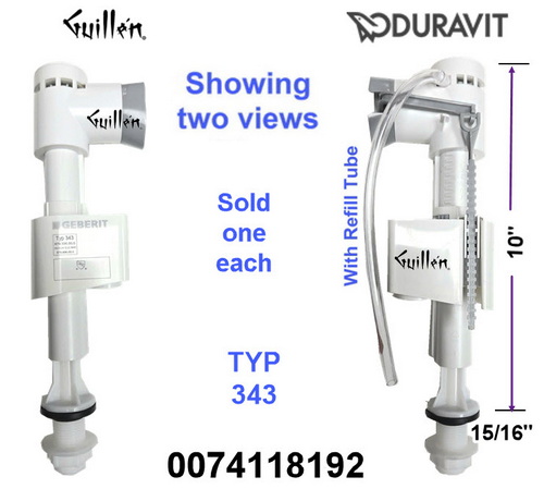 Duravit 0074118192; 343; Fill valve for bottom supply 15/16in plastic thread pipe 25cm us; in White and Gray; Replaces 0074118000; 0074118100; 0074118300; 0074118400; 0074118500; 0074119100; 0074118000; 0074118200; 0074118900;
