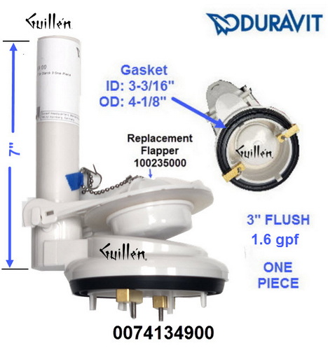 Duravit 0074134900; Starck 2; Flush Valve 3" plastic one piece 1.6 gpf single Flush; in Unfinish; ;   Replaces 074134100; 282350211; 0074131300