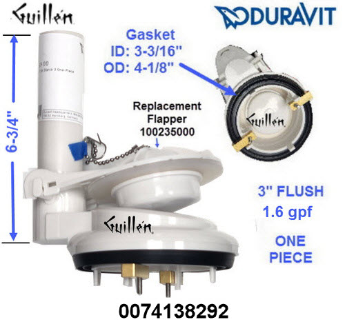 Duravit 0074138292; B4800; Flush valve 1 piece with flapper 3 inch; in Unfinish; Replaces 0074030062; 0074138200; 0074191400; 0074134900; 0074136900; 0074136962; 0074137000;