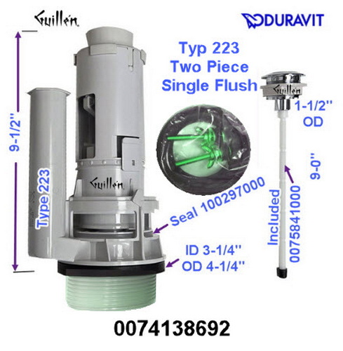 Duravit 0074138692; 223; Flush valve 2 piece single flush 3 inch with flush button; in Unfinish; Replaces 0074137600; 0074138600;