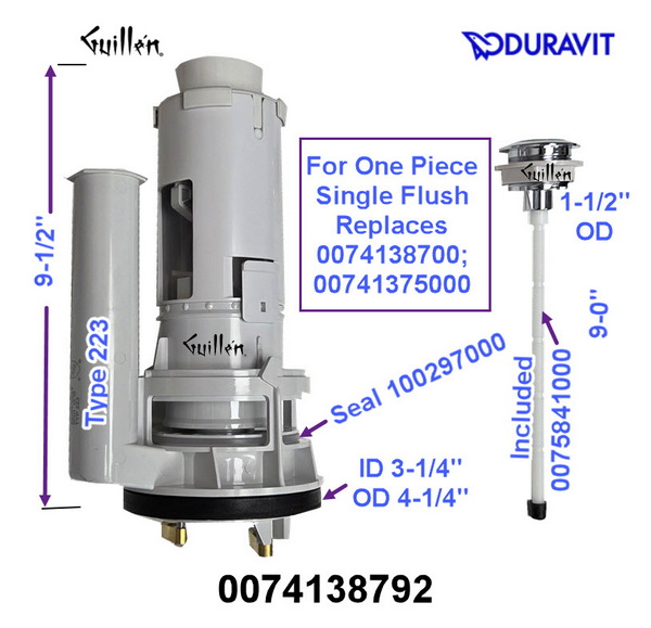 Duravit 0074138792;; flush valvetype 223 for single flush 1.28 gpf for one piece us; in Unfinish; replaces 0074138700; 00741375000; 0074138700|