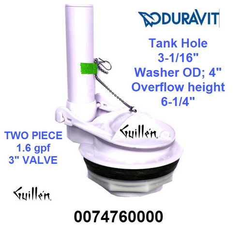 Duravit 0074760000; Starck 3; Flush Valve 3" two piece one piece 1.6 gpf single Flush; in Unfinish; ;