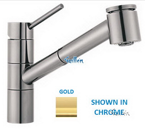 Franke FF-2059; FF-2000 Series; Pullout with Spray Heat Single Handle Top Lever Low Style Shower Spout Kitchen Faucet; in Gold Tone
