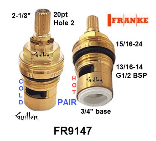 Franke FR9147; ; __ 2-1/8in 20pt; 1/4 turn brass ceramic cartridge pair cold and hot kit; in Unfinish; 9146; FR9495C; 9495C; 40182; FR9145; 9145; 40182; FR9492; FR9146; 9146; FR9145CP; FR9146CP; FR9495CP