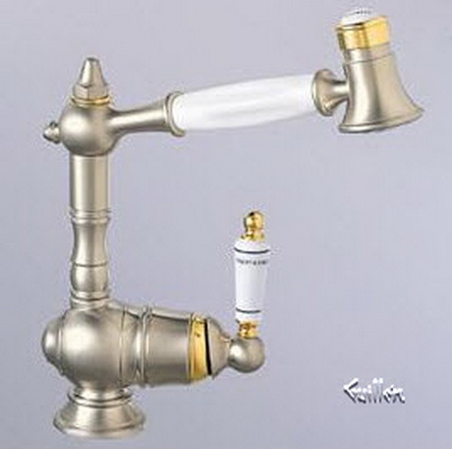 Franke OE-909; Orient Express OE-900 Series; Pullout with Spray Heat Single Handle Low Style Side Lever Kitchen Faucet; in Chrome/NuBrass
