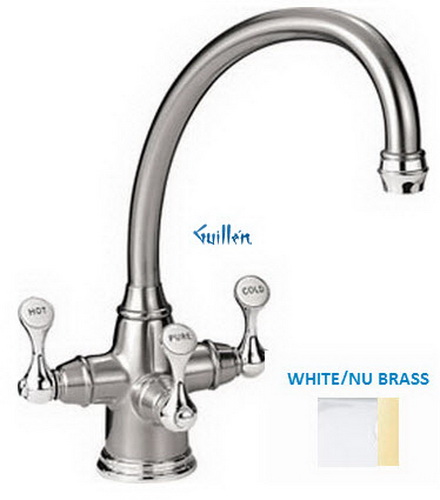 Franke TFT-319; Triflow Traditional TFT-300 Series; Triple Handle Arc Spout Kitchen or Bath Faucet; in White/NuBrass; Discontinued Product