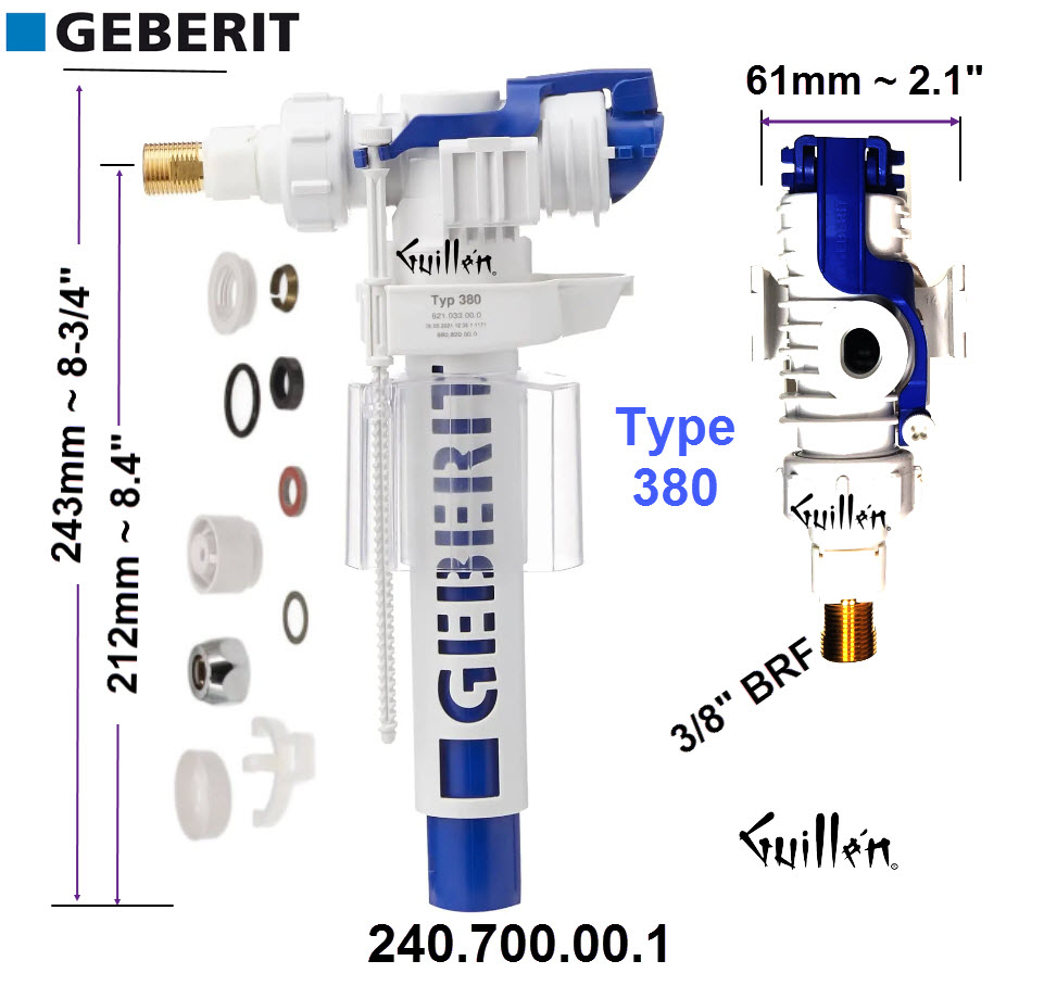 Geberit 240.700.00.5; ; fill valve type 380 lateral water supply connection 3/8" nipple made of brass; in Unfinish; ;   Replaces 240.700.00.1